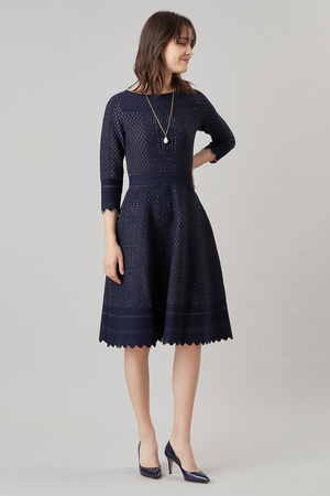 Anayi バイカラーレースジャガードフレアワンピース ネイビー の通販 Elleshop エル ショップ