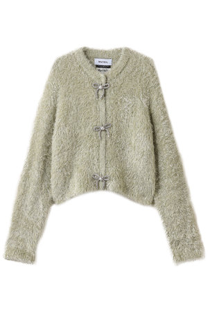 MUVEIL(ミュベール)｜リボン釦グリッターファーカーディガン/エクリュ