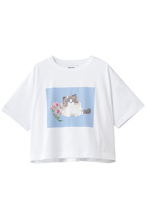 MUVEIL リボン付きホワイトTシャツ MUVEIL(ミュベール)｜キャットプリント刺しゅうTシャツ/ホワイト の