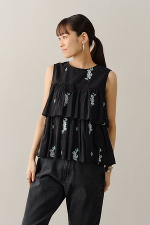 ヌキテパ　コットンリネンノースリーブトップス ne Quittez pas(ヌキテパ)｜Cotton Voile Jasmine Embroidery