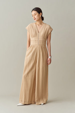 ne Quittez pas(ヌキテパ)｜STRIPE CUTWORK オールインワン/ベージュ