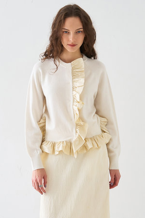 DESIGNWORKS(デザインワークス)｜タフタフリルニットカーディガン/オフ