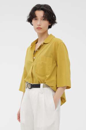 マーガレットハウエル MHL. ロングシャツワンピース ノーカラー イエロー MARGARET HOWELL（マーガレットハウエル） 良品 24SS MHL MARGARET