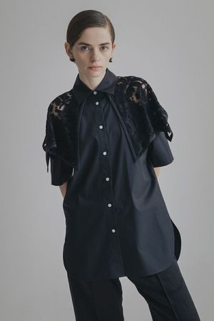 CINOH(チノ)｜SUPIMAハーフスリーブケープシャツ/ブラック の通販