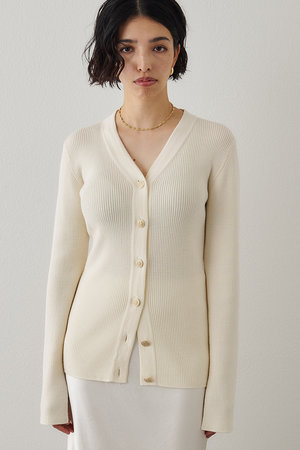 Whim Gazette(ウィム ガゼット)｜リブニットカーディガン/オフ