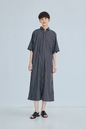 TICCA(ティッカ)｜テント半袖シャツワンピース/ブラックストライプ の