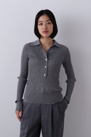 YLEVE(イレーヴ)|ウール シルク カシミア リブ ニット ポロ/グレー の YLEVE(イレーヴ)|ウール シルク カシミア リブ ニット ポロ/グレー の