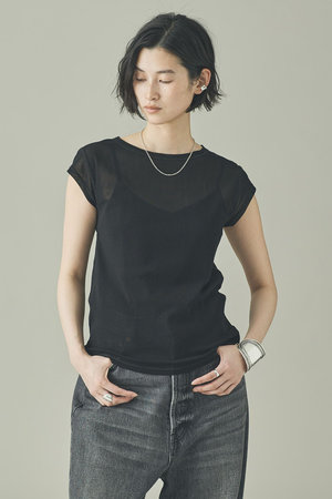 美品！Curensology ストレッチプルオーバー 黒 きれいめ リラクシー Curensology(カレンソロジー)｜コットンチュールショートスリーブプル