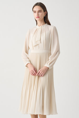 ★12/25まで★【ANAYI】ベージュ 長袖 プリーツ ワンピース(36) ANAYI(アナイ)｜【Eternal Line 2026】シアードビープリーツボウ