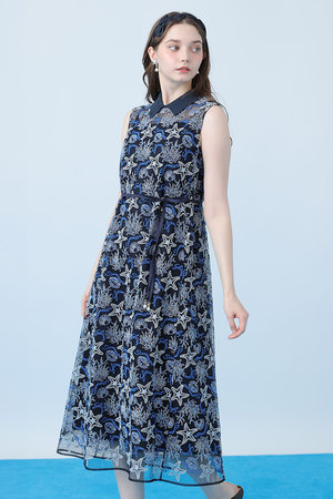 ANAYI(アナイ)｜Summer glam刺繍衿付きサック ワンピース/ブルー の