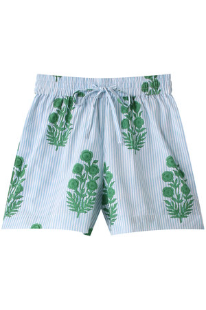 SZ Blockprints(エスゼット ブロックプリント)｜DRAWSTRING SHORTS POPPY ON THIN STRIPE  ドロストショートパンツ/ブルー の通販｜ELLESHOP・(エル・ショップ)