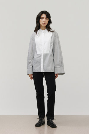 DEPAREILLE(デパリエ)｜コットンノーカラーブザムシャツ/ストライプ の