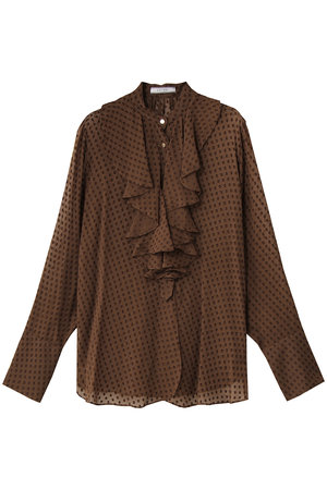 BEIGE　ベイジ　バイカラーとろみブラウス　キャメル　金ボタン　サイズ4 BEIGE，(ベイジ，)｜CALLERRY（カラリー）/シルク混ドットラッフル