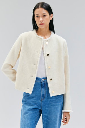 BEIGE，(ベイジ，)｜MULLIN / ウールツイードメタルボタンノーカラー