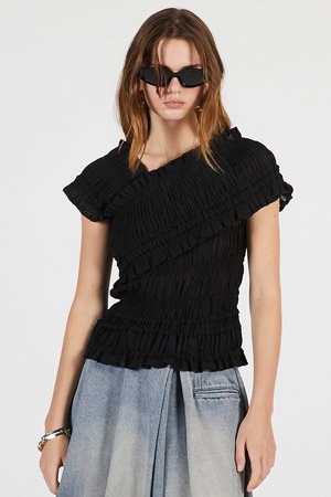 PRANK PROJECT プランクプロジェクト Shirring Striped Top シャーリングストライプ トップス 31241315618 ブラック F PRANK PROJECT(プランク プロジェクト)｜クレープシャーリングトップス