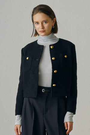 【超美品】j。ジェイドット　ツイードジャケット j.(ジェイドット)｜リングツイードノーカラージャケット/ブラック の