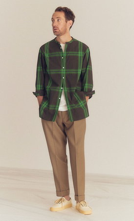 ：colon(コロン)｜【MEN】Wide Check Typewriter バンドカラーシャツ/Khaki x Green  の通販｜ELLESHOP・(エル・ショップ)