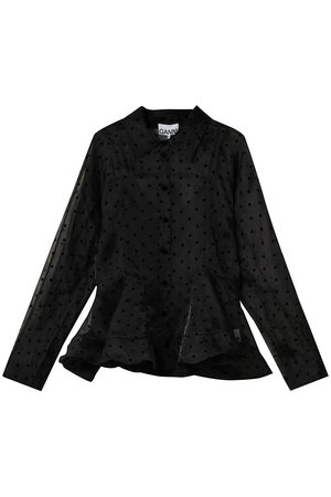 GANNI(ガニー)｜Flocked Organza ペプラム ドットシャツ/ブラック の