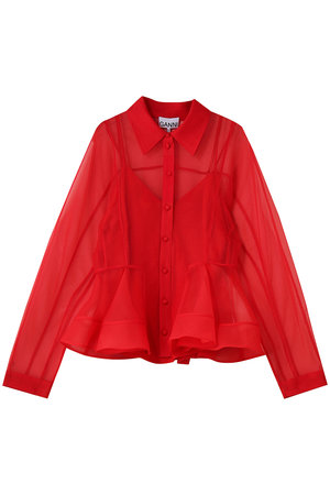 GANNI(ガニー)｜Textured Organza ペプラム シャツ/マーズレッド の